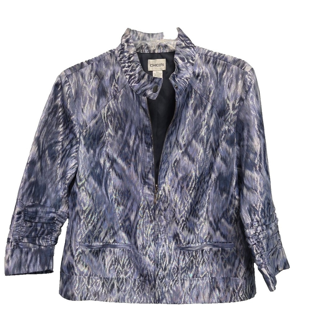 Chico's Jacket Ikat Mandarin Collar Sz 1 (M) Metallic Zip Blue Silver Lined Y2K